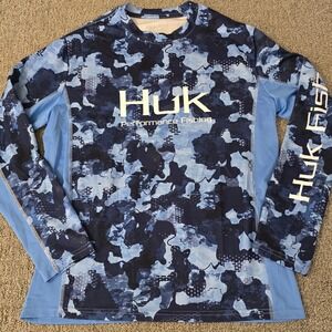 Huk Performance Fishing Shirt Mens M Blue Camo Long Sleeve UV Crew